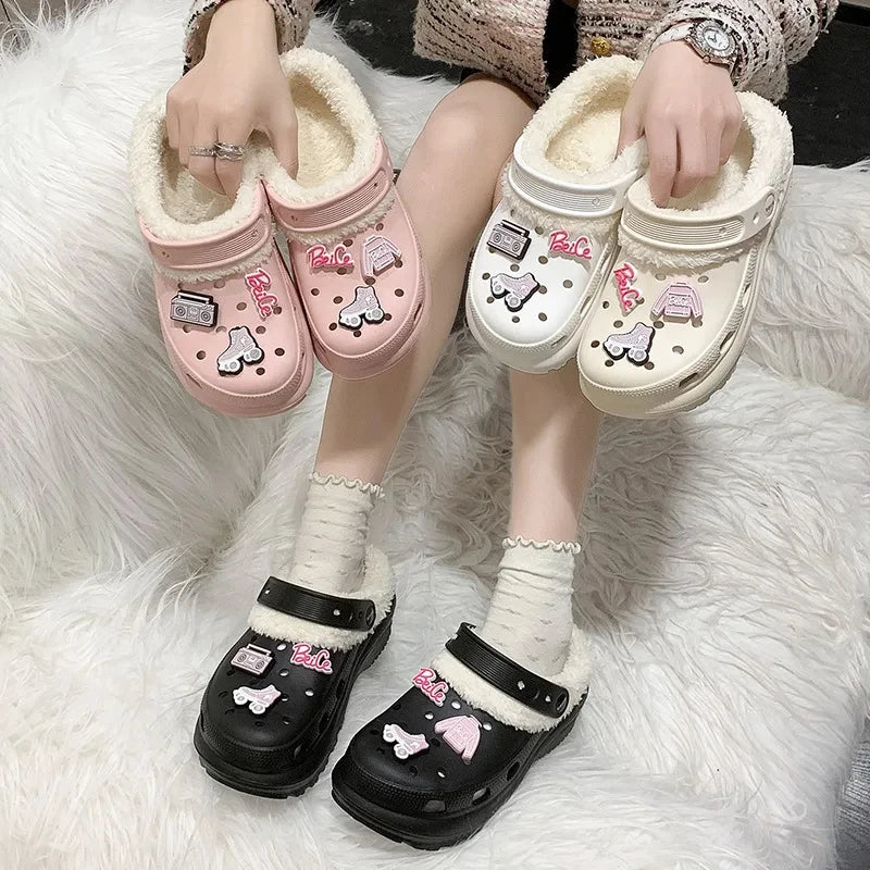 Winter Women'S Clogs Mules Warm Slippers Garden Shoes EVA Cute Cotton inside Shoes