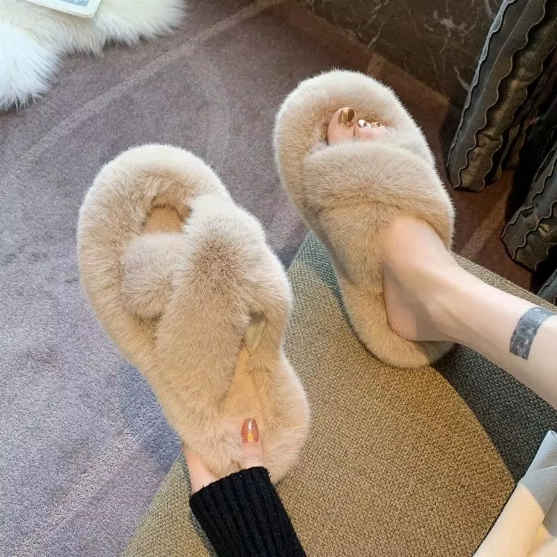 Women'S Fashion Fur Slippers Thick Bottom Soft Bottom Outdoor Wear Cross Band Cotton Slippers Autumn Winter High Heel Increase H