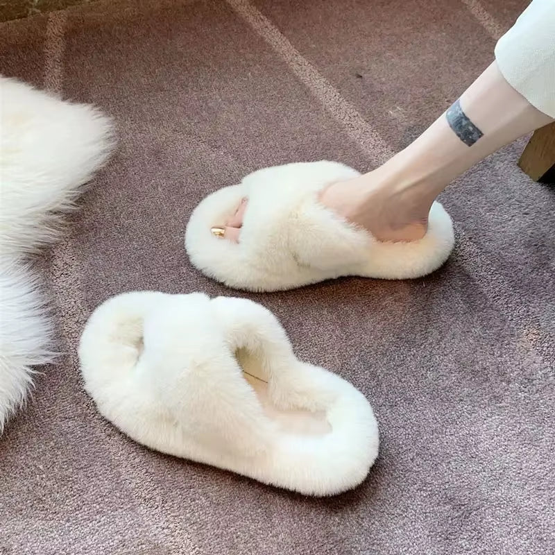 Women'S Fashion Fur Slippers Thick Bottom Soft Bottom Outdoor Wear Cross Band Cotton Slippers Autumn Winter High Heel Increase H