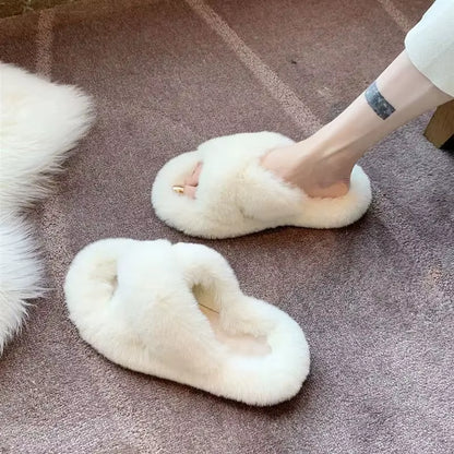 Women'S Fashion Fur Slippers Thick Bottom Soft Bottom Outdoor Wear Cross Band Cotton Slippers Autumn Winter High Heel Increase H