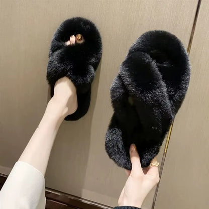 Women'S Fashion Fur Slippers Thick Bottom Soft Bottom Outdoor Wear Cross Band Cotton Slippers Autumn Winter High Heel Increase H