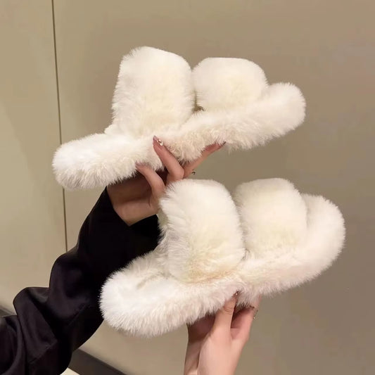Women'S Fashion Fur Slippers Thick Bottom Soft Bottom Outdoor Wear Cross Band Cotton Slippers Autumn Winter High Heel Increase H