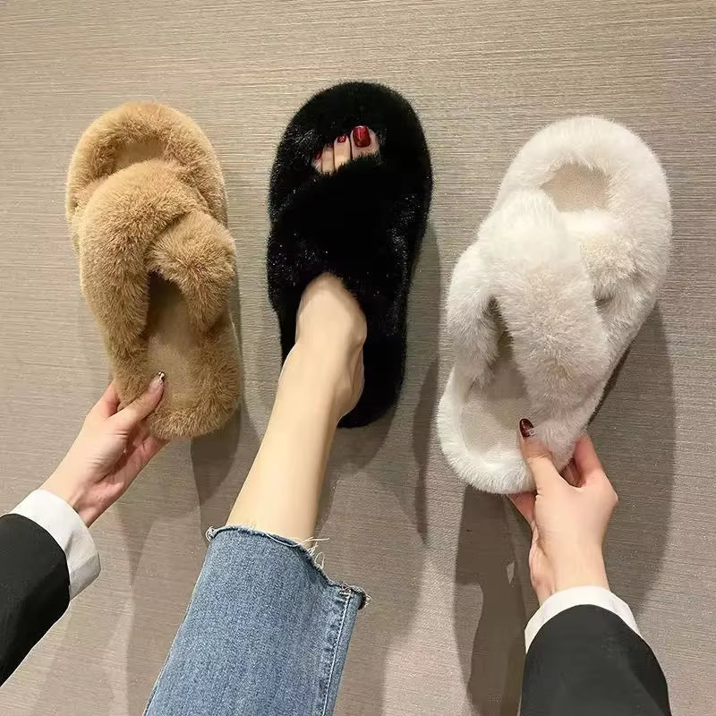 Women'S Fashion Fur Slippers Thick Bottom Soft Bottom Outdoor Wear Cross Band Cotton Slippers Autumn Winter High Heel Increase H