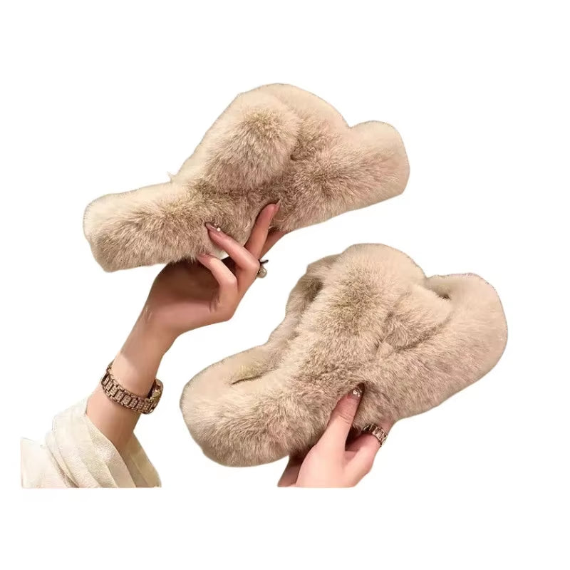 Women'S Fashion Fur Slippers Thick Bottom Soft Bottom Outdoor Wear Cross Band Cotton Slippers Autumn Winter High Heel Increase H