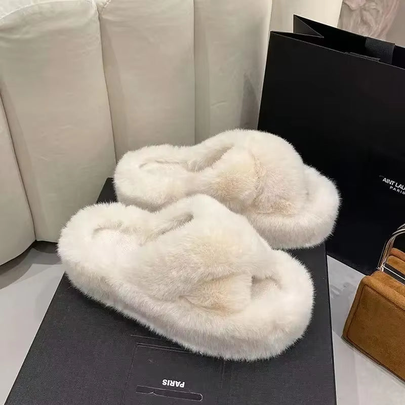 Women'S Fashion Fur Slippers Thick Bottom Soft Bottom Outdoor Wear Cross Band Cotton Slippers Autumn Winter High Heel Increase H