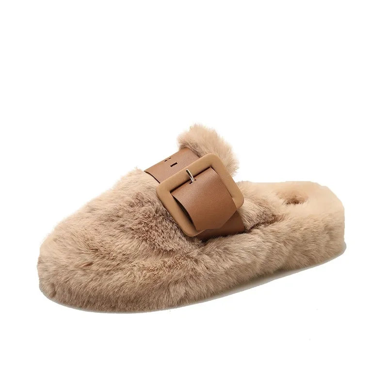 Baotou Belted Half Slip Women'S Fur Slippers 2025 Autumn Winter New Outdoor Flat Bottom Indoor Cotton Slippers