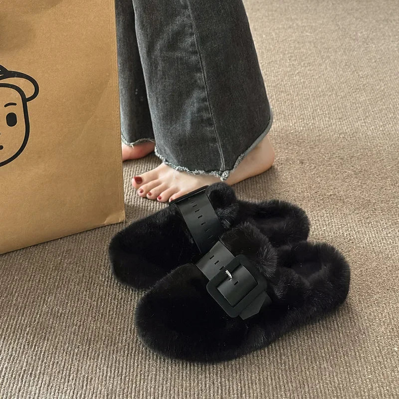 Baotou Belted Half Slip Women'S Fur Slippers 2025 Autumn Winter New Outdoor Flat Bottom Indoor Cotton Slippers