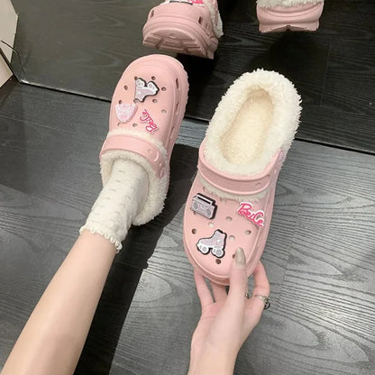Winter Women'S Clogs Mules Warm Slippers Garden Shoes EVA Cute Cotton inside Shoes