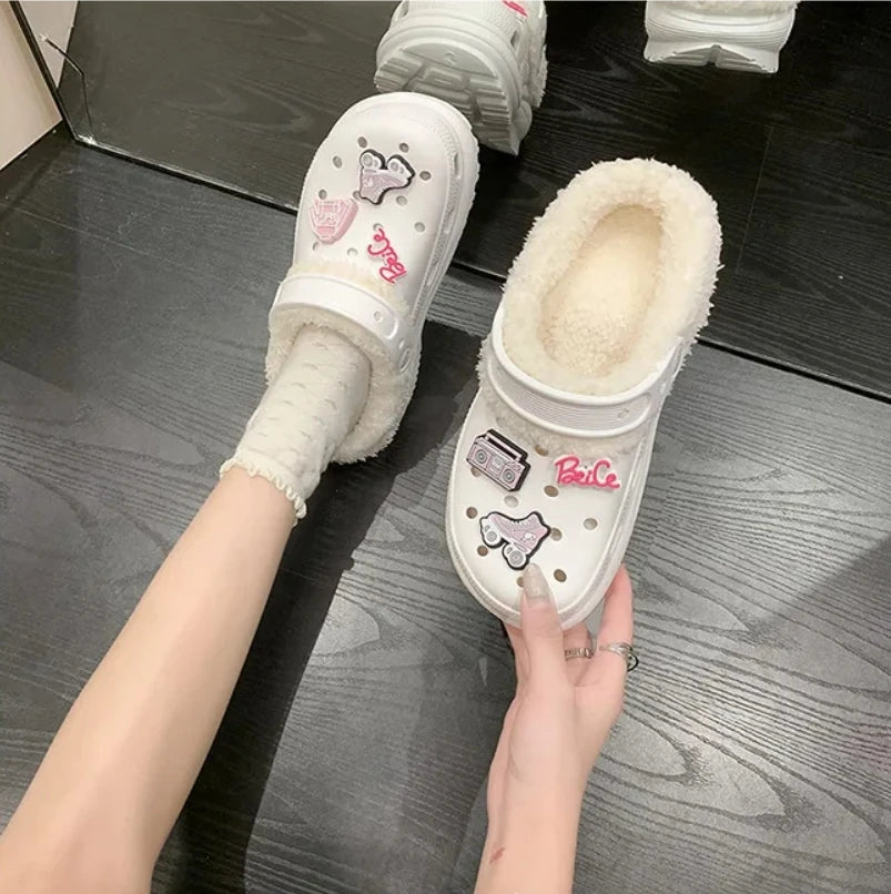 Winter Women'S Clogs Mules Warm Slippers Garden Shoes EVA Cute Cotton inside Shoes