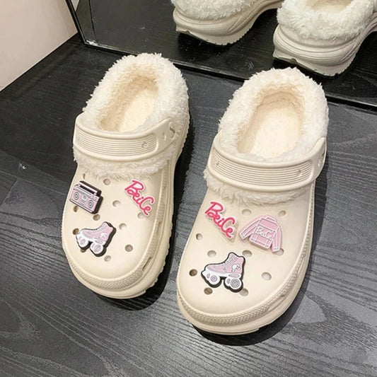 Winter Women'S Clogs Mules Warm Slippers Garden Shoes EVA Cute Cotton inside Shoes
