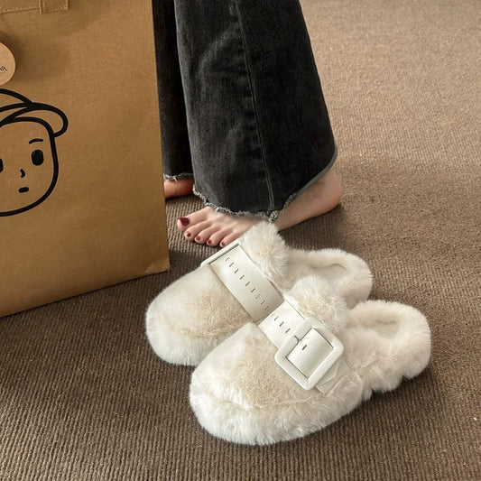 Baotou Belted Half Slip Women'S Fur Slippers 2025 Autumn Winter New Outdoor Flat Bottom Indoor Cotton Slippers