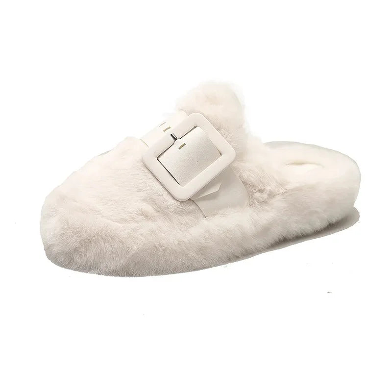 Baotou Belted Half Slip Women'S Fur Slippers 2025 Autumn Winter New Outdoor Flat Bottom Indoor Cotton Slippers