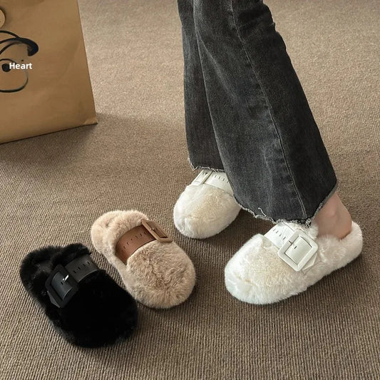 Baotou Belted Half Slip Women'S Fur Slippers 2025 Autumn Winter New Outdoor Flat Bottom Indoor Cotton Slippers