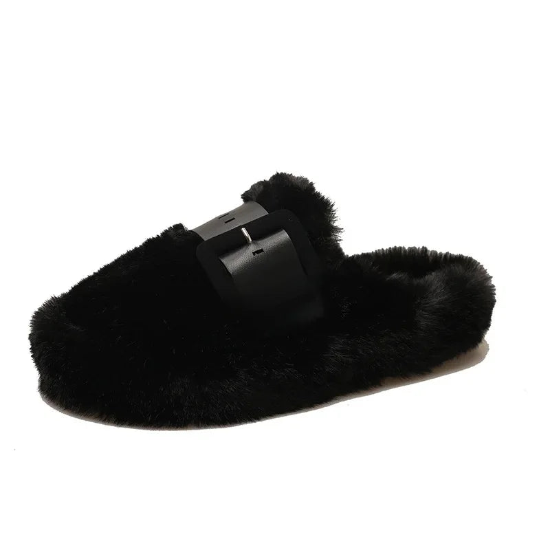Baotou Belted Half Slip Women'S Fur Slippers 2025 Autumn Winter New Outdoor Flat Bottom Indoor Cotton Slippers