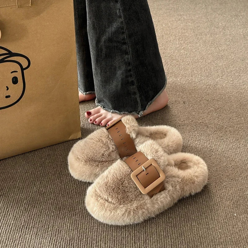Baotou Belted Half Slip Women'S Fur Slippers 2025 Autumn Winter New Outdoor Flat Bottom Indoor Cotton Slippers