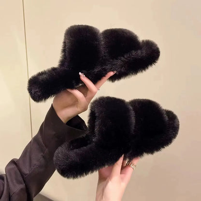 Women'S Fashion Fur Slippers Thick Bottom Soft Bottom Outdoor Wear Cross Band Cotton Slippers Autumn Winter High Heel Increase H