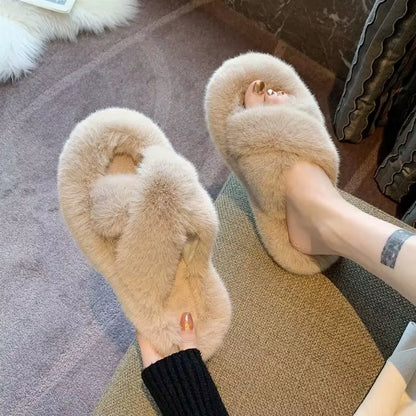 Women'S Fashion Fur Slippers Thick Bottom Soft Bottom Outdoor Wear Cross Band Cotton Slippers Autumn Winter High Heel Increase H